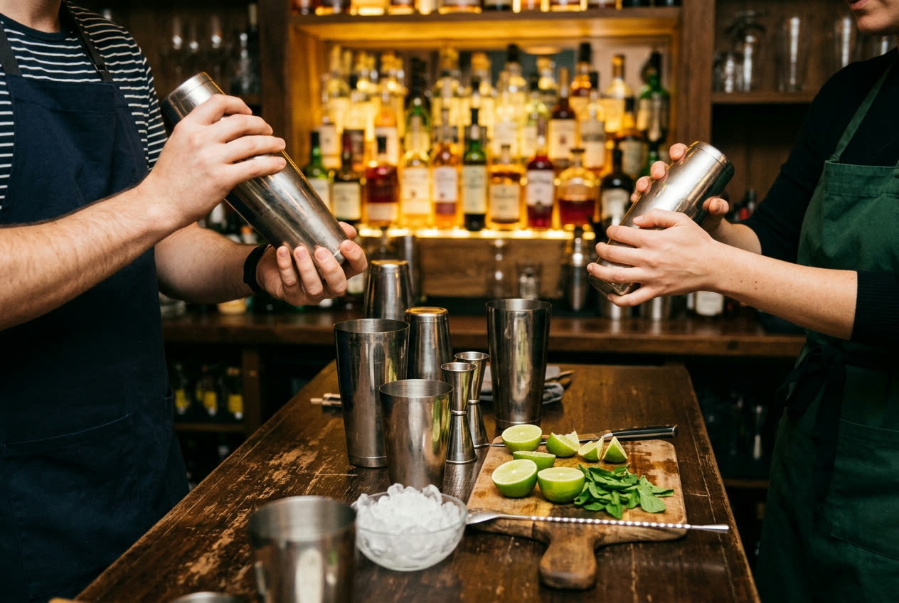 Zwei Personen shaken Cocktails hinter dem Tresen, davor Limetten, Minze, Eis und Jigger